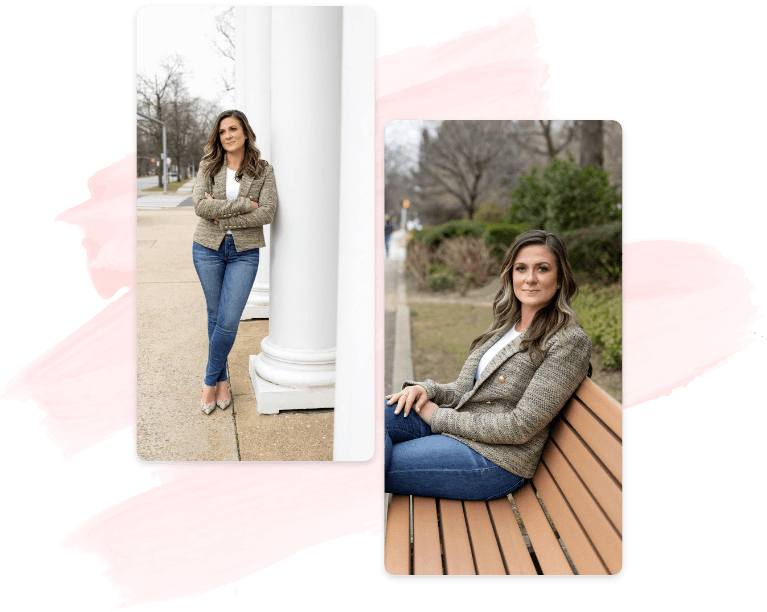 Collage featuring Doctor Justyna sitting on outdoor bench and standing on sidewalk