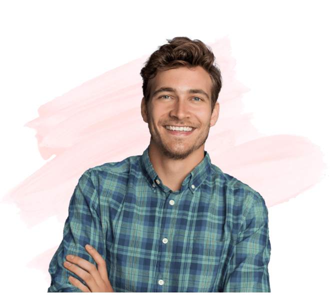 Smiling young man in blue plaid shirt