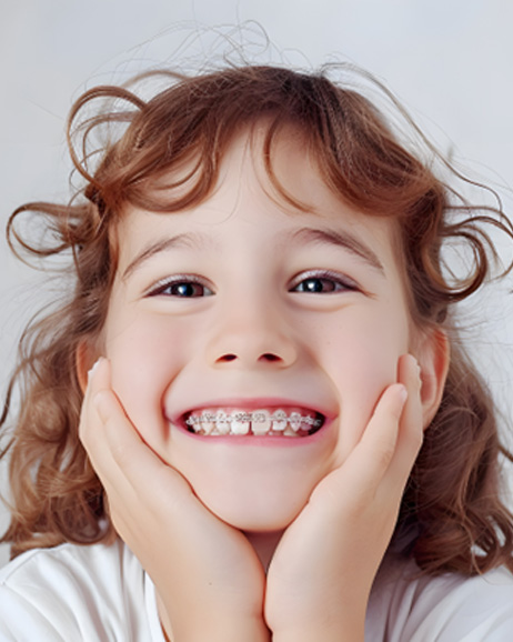 Little girl with braces on her lower set of teeth